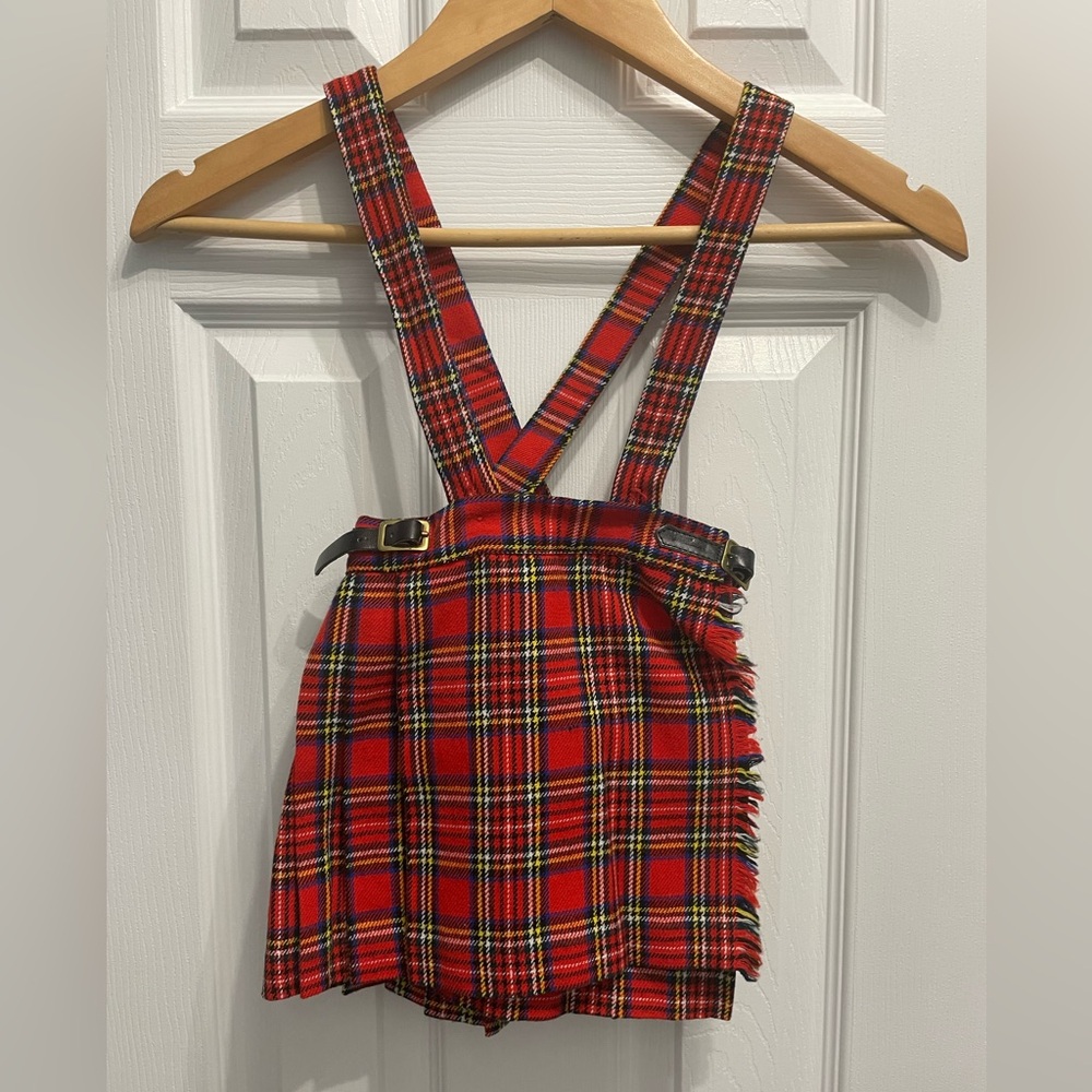 Vintage Eaton Girls Tartan Kilt Plaid Red Skirt Jumper Overalls Highlands Sz 2